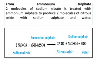 From ammonium sulphate
2 molecules of sodium nitrate is treated with
ammonium sulphate to produce 2 molecules of nitrous
oxide with sodium sulphate and water.
 