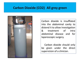 Carbon dioxide is insufflated
into the abdominal cavity to
distend it to allow investigation
& treatment of intra
abdominal disease and for
laparoscopic surgery.
Carbon dioxide should only
be given under the direct
supervision of a clinician.
Carbon Dioxide (CO2) All grey green
 