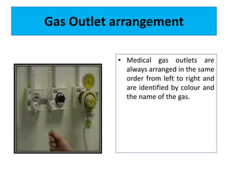 Gas Outlet arrangement
• Medical gas outlets are
always arranged in the same
order from left to right and
are identified by colour and
the name of the gas.
 