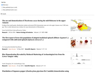 89 results
Sort by:
 Relevance
 Date published (new to old)
 Date published (old to new)
The use and domestication of Theobroma cacao during the mid-Holocene in the upper
Amazon
Evidence from starch grains, theobromine residues and ancient DNA demonstrate cacao use in the upper Amazon circa 5,300 years
ago. This is earlier than previous evidence for cacao domestication in Mesoamerica.
Sonia ZarrilloNilesh GaikwadFrancisco Valdez
Research  29 Oct 2018  Nature Ecology & Evolution  Volume: 2, P: 1879-1888
The first report of iron-rich population of adapted medicinal spinach (Blitum virgatum L.)
compared with cultivated spinach (Spinacia oleracea L.)
Ali AmmarellouValiollah Mozaffarian
Research  Open Access  12 Nov 2021  Scientific Reports  Volume: 11, P: 1-8
Rice Domestication Revealed by Reduced Shattering of Archaeological rice from the
Lower Yangtze valley
Yunfei ZhengGary W. CrawfordXugao Chen
Research  Open Access  21 Jun 2016  Scientific Reports  Volume: 6, P: 1-9
Elucidation of Japanese pepper (Zanthoxylum piperitum De Candolle) domestication using
 