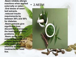 .Neem inhibits allergic
reactions when applied
externally or eaten.
.Oral doses of neem
leaf extracts.
.reduced insulin
requirements by
between 30% and 50%
for diabetes.
.Neem extracts give
significant from
discormfort and speed
the healing of gastric
problems.
.Neem quicly kills
external parasites and
a neem decoction is
safer and just as
effective as standard
treatments for head
lice.
• 2.NEEM
 