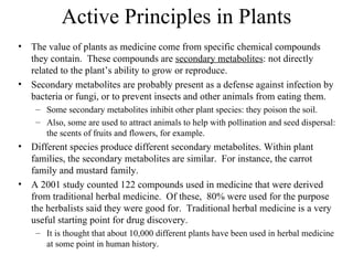 Active Principles in Plants
• The value of plants as medicine come from specific chemical compounds
  they contain. These compounds are secondary metabolites: not directly
  related to the plant’s ability to grow or reproduce.
• Secondary metabolites are probably present as a defense against infection by
  bacteria or fungi, or to prevent insects and other animals from eating them.
    – Some secondary metabolites inhibit other plant species: they poison the soil.
    – Also, some are used to attract animals to help with pollination and seed dispersal:
      the scents of fruits and flowers, for example.
• Different species produce different secondary metabolites. Within plant
  families, the secondary metabolites are similar. For instance, the carrot
  family and mustard family.
• A 2001 study counted 122 compounds used in medicine that were derived
  from traditional herbal medicine. Of these, 80% were used for the purpose
  the herbalists said they were good for. Traditional herbal medicine is a very
  useful starting point for drug discovery.
    – It is thought that about 10,000 different plants have been used in herbal medicine
      at some point in human history.
 