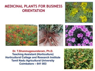 MEDICINAL PLANTS FOR BUSINESS
ORIENTATION
Dr. T.Shanmugasundaram, Ph.D.
Teaching Assistant (Horticulture)
Horticultural College and Research Institute
Tamil Nadu Agricultural University
Coimbatore – 641 003
 