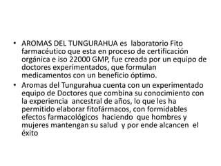 • AROMAS DEL TUNGURAHUA es laboratorio Fito
  farmacéutico que esta en proceso de certificación
  orgánica e iso 22000 GMP, fue creada por un equipo de
  doctores experimentados, que formulan
  medicamentos con un beneficio óptimo.
• Aromas del Tungurahua cuenta con un experimentado
  equipo de Doctores que combina su conocimiento con
  la experiencia ancestral de años, lo que les ha
  permitido elaborar fitofármacos, con formidables
  efectos farmacológicos haciendo que hombres y
  mujeres mantengan su salud y por ende alcancen el
  éxito
 
