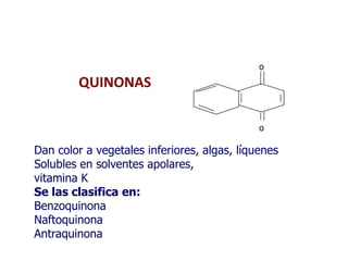 o
           .

        QUINONAS

                                             o

Dan color a vegetales inferiores, algas, líquenes
Solubles en solventes apolares,
vitamina K
Se las clasifica en:
Benzoquinona
Naftoquinona
Antraquinona
 