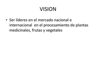 VISION
• Ser líderes en el mercado nacional e
  internacional en el procesamiento de plantas
  medicinales, frutas y vegetales
 