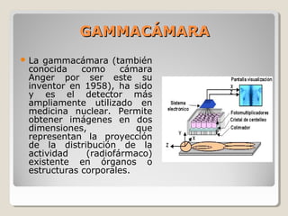 GAMMACÁMARAGAMMACÁMARA
 La gammacámara (también
conocida como cámara
Anger por ser este su
inventor en 1958), ha sido
y es el detector más
ampliamente utilizado en
medicina nuclear. Permite
obtener imágenes en dos
dimensiones, que
representan la proyección
de la distribución de la
actividad (radiofármaco)
existente en órganos o
estructuras corporales.
 