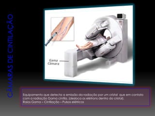 Equipamento que detecta a emissão da radiação por um cristal que em contato
com a radiação Gama cintila. (desloca os elétrons dentro do cristal).
Raios Gama – Cintilação – Pulsos elétricos
 