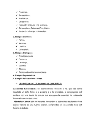  Presiones.
 Temperatura.
 Iluminación.
 Vibraciones
 Radiación Ionizante y no Ionizante.
 Temperaturas Extremas (Frío, Calor).
 Radiación Infrarroja y Ultravioleta.
2. Riesgos Químicos
 Polvos.
 Vapores.
 Líquidos.
 Disolventes.
3. Riesgos Biológicos
 Anquilostomiasis.
 Carbunco.
 La Alergia.
 Muermo.
 Tétanos.
 EspiroquetosisIcterohemorrágica.
4. Riesgos Ergonómicos.
5. Riesgos Psicosociales: Stress.
 DESARROLLAR LOS SIGUIENTES CONCEPTOS:
Accidentes Laborales: Es un acontecimiento deseado o no, que trae como
resultado un daño físico a la persona o a la propiedad. a consecuencia del
contacto con una fuente de energía que sobrepasa la capacidad de resistencia
límite del cuerpo o estructura.
Accidente Común: Son las lesiones funcionales o corporales resultantes de la
acción violenta de una fuerza exterior, comprendida en un período fuera del
horario de trabajo.
 