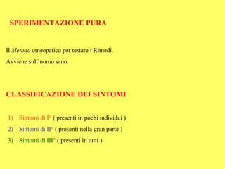 SPERIMENTAZIONE PURA


Il Metodo omeopatico per testare i Rimedi.
Avviene sull’uomo sano.




CLASSIFICAZIONE DEI SINTOMI


1) Sintomi di I° ( presenti in pochi individui )
2) Sintomi di II° ( presenti nella gran parte )
3) Sintomi di III° ( presenti in tutti )
 