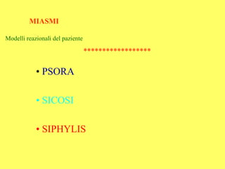 MIASMI

Modelli reazionali del paziente

                                  ******************

            • PSORA

            • SICOSI

            • SIPHYLIS
 