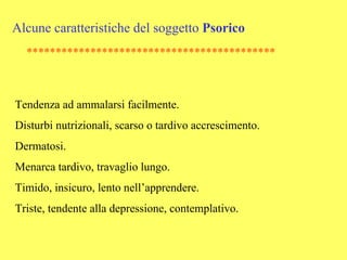 Alcune caratteristiche del soggetto Psorico
  *******************************************



Tendenza ad ammalarsi facilmente.
Disturbi nutrizionali, scarso o tardivo accrescimento.
Dermatosi.
Menarca tardivo, travaglio lungo.
Timido, insicuro, lento nell’apprendere.
Triste, tendente alla depressione, contemplativo.
 