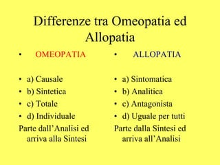Differenze tra Omeopatia ed
             Allopatia
•    OMEOPATIA          •    ALLOPATIA

• a) Causale            • a) Sintomatica
• b) Sintetica          • b) Analitica
• c) Totale             • c) Antagonista
• d) Individuale        • d) Uguale per tutti
Parte dall’Analisi ed   Parte dalla Sintesi ed
  arriva alla Sintesi     arriva all’Analisi
 