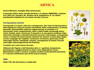 ARNICA
Arnica Montana. Famiglia delle Asteraceae.
Il principio attivo viene estratto dai fiori e si chiama ARNICINA, contiene
tra l’altro: Ac. Formico, Ac. Acetico ed A. Isobutirrico. E’ un veleno
paralizzante midollare la cui azione ricorda il Curaro.


Corrispondenze cliniche
Corrisponde ai traumi e alle loro conseguenze, allo stato di intossicazione
dell’organismo creato da traumi consistenti; stato confusionale o di shock
generale, ipersensibilità dolorosa aggravamento al contatto e al
movimento, testa congestionata, mani e piedi freddi; surmenage fisico,
sforzi violenti, sport, traumi per il muscolo e le sue guaine tendinee; dopo
interventi chirurgici, estrazioni dentarie (arresta l’emorragia), conseguenze
vicine o lontane di traumi (anche emotivi) (es: tumore al seno dopo colpi);
travasi sanguigni dei capillari: contusioni, ecchimosi, petecchie, lividi;
emorragie uterine, intestinali, urinarie, conseguenze di traumi. Piccole
emorragie sottocongiuntivale da Pertosse.
Il malato non vuole essere toccato.
Affezioni del Fegato e dell’Intestino dove c’è: gonfiore, timpanismo,
prostrazione e peggioramento al tatto come: Appendicite acuta,
Reumatismo acuto e cronico. Il malato cambia continuamente posizione.
E’ il vaccino antitetanico per ferite lacero-contuse.


DOSI
Dalla T.M. alle dosi basse o medio-alte
 