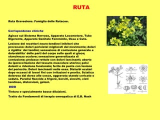 RUTA

Ruta Graveolens. Famiglia delle Rutacee.


Corrispondenze cliniche
Agisce sul Sistema Nervoso, Apparato Locomotore, Tubo
Digerente, Apparato Genitale Femminile, Ossa e Cute.
Lesione dei recettori neuro-tendinei inibitori che
provocano: dolori perioistei migliorati dal movimento; dolori
e rigidita’ dei tendini; sensazione di contusione generale e
dolorabilita’ delle parti del corpo sulle quali si giace;
stanchezza oculare; sensazione generalizzata di
contusione; prolasso rettale con dolori lancinanti; aborto
da ipereccitazione del tessuto muscolare uterino; polsi
dolenti e riduzione funzionale; ferite da punta con lesione
del periostio. Dolori lancinanti nelle ossa. Disturbi oculari
dopo eccessi di lavori fini con irritazioni e prurito. Sciatica
dolorosa dal dorso alle cosce, aggravata stando coricato o
seduto. Paralisi flaccide a frigore, borsiti, sinoviti, cisti
tendinee, distorsioni, geloni.
DOSI
Tintura e specialmente basse diluizioni.
Tratto da Fondamenti di terapia omeopatica di E.B. Nash
 