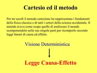 Cartesio ed il metodo
Per tre secoli il metodo cartesiano ha rappresentato i fondamenti
della fisica classica e di tutti i settori della scienza occidentale. Il
metodo aveva come scopo quello di analizzare il mondo
scomponendolo nelle sue singole parti per ricomporlo secondo
leggi lineari di causa ed effetto.


               Visione Deterministica


               Legge Causa-Effetto
 