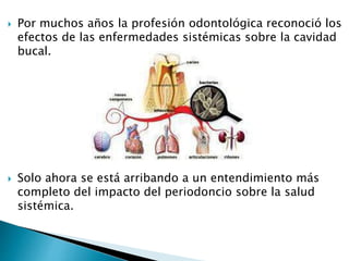  Por muchos años la profesión odontológica reconoció los
efectos de las enfermedades sistémicas sobre la cavidad
bucal.
 Solo ahora se está arribando a un entendimiento más
completo del impacto del periodoncio sobre la salud
sistémica.
 