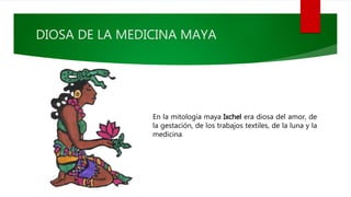 DIOSA DE LA MEDICINA MAYA
En la mitología maya Ixchel era diosa del amor, de
la gestación, de los trabajos textiles, de la luna y la
medicina.
 