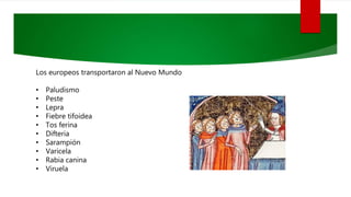 Los europeos transportaron al Nuevo Mundo
• Paludismo
• Peste
• Lepra
• Fiebre tifoidea
• Tos ferina
• Difteria
• Sarampión
• Varicela
• Rabia canina
• Viruela
 