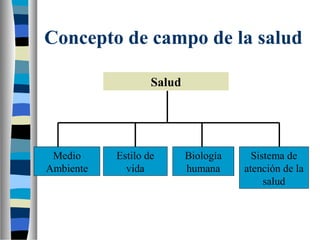 Concepto de campo de la salud
Salud
Medio
Ambiente
Estilo de
vida
Biología
humana
Sistema de
atención de la
salud
 