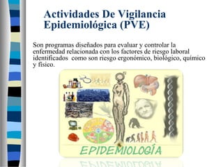 Actividades De Vigilancia
Epidemiológica (PVE)
Son programas diseñados para evaluar y controlar la
enfermedad relacionada con los factores de riesgo laboral
identificados como son riesgo ergonómico, biológico, químico
y físico.
 