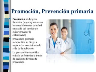 Promoción, Prevención primaria
 Promoción se dirige a
fomentar ( crear) y mantener
los condicionantes de salud.
(mas allá del sentido de
evitar-prevenir la
enfermedad)
 prevención primaria
inespecífica se dirige a
mejorar las condiciones de
vida de la población
 La prevención específica
evita la enfermedad a través
de acciones directas de
prevención
 