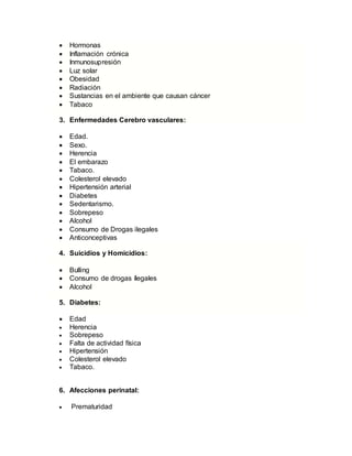  Hormonas
 Inflamación crónica
 Inmunosupresión
 Luz solar
 Obesidad
 Radiación
 Sustancias en el ambiente que causan cáncer
 Tabaco
3. Enfermedades Cerebro vasculares:
 Edad.
 Sexo.
 Herencia
 El embarazo
 Tabaco.
 Colesterol elevado
 Hipertensión arterial
 Diabetes
 Sedentarismo.
 Sobrepeso
 Alcohol
 Consumo de Drogas ilegales
 Anticonceptivas
4. Suicidios y Homicidios:
 Bulling
 Consumo de drogas ílegales
 Alcohol
5. Diabetes:
 Edad
 Herencia
 Sobrepeso
 Falta de actividad física
 Hipertensión
 Colesterol elevado
 Tabaco.
6. Afecciones perinatal:
 Prematuridad
 