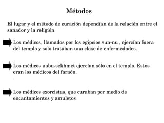                                 Métodos 
El lugar y el método de curación dependían de la relación entre el 
sanador y la religión
Los médicos, llamados por los egipcios sun­nu , ejercían fuera 
del templo y solo trataban una clase de enfermedades.
.

Los médicos uabu­sekhmet ejercían sólo en el templo. Estos 
eran los médicos del faraón. 
.

Los médicos exorcistas, que curaban por medio de 
encantamientos y amuletos

 