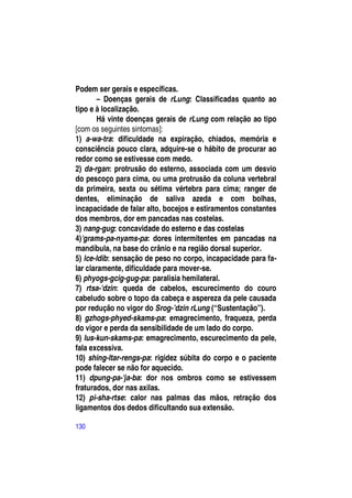 Podem ser gerais e específicas.
        – Doenças gerais de rLung: Classificadas quanto ao
tipo e à localização.
        Há vinte doenças gerais de rLung com relação ao tipo
[com os seguintes sintomas]:
1) a-wa-tra: dificuldade na expiração, chiados, memória e
consciência pouco clara, adquire-se o hábito de procurar ao
redor como se estivesse com medo.
2) da-rgan: protrusão do esterno, associada com um desvio
do pescoço para cima, ou uma protrusão da coluna vertebral
da primeira, sexta ou sétima vértebra para cima; ranger de
dentes, eliminação de saliva azeda e com bolhas,
incapacidade de falar alto, bocejos e estiramentos constantes
dos membros, dor em pancadas nas costelas.
3) nang-gug: concavidade do esterno e das costelas
4)'grams-pa-nyams-pa: dores intermitentes em pancadas na
mandíbula, na base do crânio e na região dorsal superior.
5) lce-ldib: sensação de peso no corpo, incapacidade para fa-
lar claramente, dificuldade para mover-se.
6) phyogs-gcig-gug-pa: paralisia hemilateral.
7) rtsa-'dzin: queda de cabelos, escurecimento do couro
cabeludo sobre o topo da cabeça e aspereza da pele causada
por redução no vigor do Srog-’dzin rLung (“Sustentação”).
8) gzhogs-phyed-skams-pa: emagrecimento, fraqueza, perda
do vigor e perda da sensibilidade de um lado do corpo.
9) lus-kun-skams-pa: emagrecimento, escurecimento da pele,
fala excessiva.
10) shing-ltar-rengs-pa: rigidez súbita do corpo e o paciente
pode falecer se não for aquecido.
11) dpung-pa-'ja-ba: dor nos ombros como se estivessem
fraturados, dor nas axilas.
12) pi-sha-rtse: calor nas palmas das mãos, retração dos
ligamentos dos dedos dificultando sua extensão.

130
 