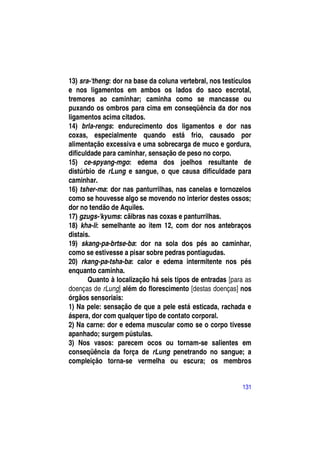 13) sra-'theng: dor na base da coluna vertebral, nos testículos
e nos ligamentos em ambos os lados do saco escrotal,
tremores ao caminhar; caminha como se mancasse ou
puxando os ombros para cima em conseqüência da dor nos
ligamentos acima citados.
14) brla-rengs: endurecimento dos ligamentos e dor nas
coxas, especialmente quando está frio, causado por
alimentação excessiva e uma sobrecarga de muco e gordura,
dificuldade para caminhar, sensação de peso no corpo.
15) ce-spyang-mgo: edema dos joelhos resultante de
distúrbio de rLung e sangue, o que causa dificuldade para
caminhar.
16) tsher-ma: dor nas panturrilhas, nas canelas e tornozelos
como se houvesse algo se movendo no interior destes ossos;
dor no tendão de Aquiles.
17) gzugs-'kyums: cãibras nas coxas e panturrilhas.
18) kha-li: semelhante ao item 12, com dor nos antebraços
distais.
19) skang-pa-brtse-ba: dor na sola dos pés ao caminhar,
como se estivesse a pisar sobre pedras pontiagudas.
20) rkang-pa-tsha-ba: calor e edema intermitente nos pés
enquanto caminha.
       Quanto à localização há seis tipos de entradas [para as
doenças de rLung] além do florescimento [destas doenças] nos
órgãos sensoriais:
1) Na pele: sensação de que a pele está esticada, rachada e
áspera, dor com qualquer tipo de contato corporal.
2) Na carne: dor e edema muscular como se o corpo tivesse
apanhado; surgem pústulas.
3) Nos vasos: parecem ocos ou tornam-se salientes em
conseqüência da força de rLung penetrando no sangue; a
compleição torna-se vermelha ou escura; os membros


                                                           131
 