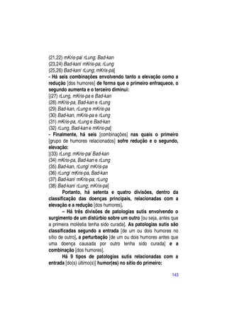 (21,22) mKris-pa/ rLung; Bad-kan
(23,24) Bad-kan/ mKris-pa; rLung
(25,26) Bad-kan/ rLung; mKris-pa]
- Há seis combinações envolvendo tanto a elevação como a
redução [dos humores] de forma que o primeiro enfraquece, o
segundo aumenta e o terceiro diminui:
[(27) rLung, mKris-pa e Bad-kan
(28) mKris-pa, Bad-kan e rLung
(29) Bad-kan, rLung e mKris-pa
(30) Bad-kan, mKris-pa e rLung
(31) mKris-pa, rLung e Bad-kan
(32) rLung, Bad-kan e mKris-pa]
- Finalmente, há seis [combinações] nas quais o primeiro
[grupo de humores relacionados] sofre redução e o segundo,
elevação:
[(33) rLung; mKris-pa/ Bad-kan
(34) mKris-pa, Bad-kan e rLung
(35) Bad-kan, rLung/ mKris-pa
(36) rLung/ mKris-pa, Bad-kan
(37) Bad-kan/ mKris-pa; rLung
(38) Bad-kan/ rLung; mKris-pa]
        Portanto, há setenta e quatro divisões, dentro da
classificação das doenças principais, relacionadas com a
elevação e a redução [dos humores].
        – Há três divisões de patologias sutis envolvendo o
surgimento de um distúrbio sobre um outro [ou seja, antes que
a primeira moléstia tenha sido curada]. As patologias sutis são
classificadas segundo a entrada [de um ou dois humores no
sítio de outro], a perturbação [de um ou dois humores antes que
uma doença causada por outro tenha sido curada] e a
combinação [dos humores].
        Há 9 tipos de patologias sutis relacionadas com a
entrada [do(s) último(s)] humor(es) no sítio do primeiro:

                                                           143
 