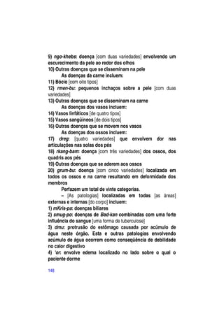 9) ngo-khebs: doença [com duas variedades] envolvendo um
escurecimento da pele ao redor dos olhos
10) Outras doenças que se disseminam na pele
       As doenças da carne incluem:
11) Bócio [com oito tipos]
12) rmen-bu: pequenos inchaços sobre a pele [com duas
variedades]
13) Outras doenças que se disseminam na carne
       As doenças dos vasos incluem:
14) Vasos linfáticos [de quatro tipos]
15) Vasos sangüíneos [de dois tipos]
16) Outras doenças que se movem nos vasos
       As doenças dos ossos incluem:
17) dreg: [quatro variedades] que envolvem dor nas
articulações nas solas dos pés
18) rkang-bam: doença [com três variedades] dos ossos, dos
quadris aos pés
19) Outras doenças que se aderem aos ossos
20) grum-bu: doença [com cinco variedades] localizada em
todos os ossos e na carne resultando em deformidade dos
membros
       Perfazem um total de vinte categorias.
       – [As patologias] localizadas em todas [as áreas]
externas e internas [do corpo] incluem:
1) mKris-pa: doenças biliares
2) smug-po: doenças de Bad-kan combinadas com uma forte
influência do sangue [uma forma de tuberculose]
3) dmu: protrusão do estômago causada por acúmulo de
água neste órgão. Esta e outras patologias envolvendo
acúmulo de água ocorrem como conseqüência de debilidade
no calor digestivo
4) 'or: envolve edema localizado no lado sobre o qual o
paciente dorme

148
 