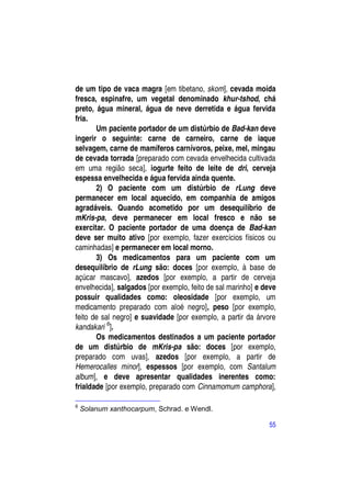 de um tipo de vaca magra [em tibetano, skom], cevada moída
fresca, espinafre, um vegetal denominado khur-tshod, chá
preto, água mineral, água de neve derretida e água fervida
fria.
       Um paciente portador de um distúrbio de Bad-kan deve
ingerir o seguinte: carne de carneiro, carne de iaque
selvagem, carne de mamíferos carnívoros, peixe, mel, mingau
de cevada torrada [preparado com cevada envelhecida cultivada
em uma região seca], iogurte feito de leite de dri, cerveja
espessa envelhecida e água fervida ainda quente.
       2) O paciente com um distúrbio de rLung deve
permanecer em local aquecido, em companhia de amigos
agradáveis. Quando acometido por um desequilíbrio de
mKris-pa, deve permanecer em local fresco e não se
exercitar. O paciente portador de uma doença de Bad-kan
deve ser muito ativo [por exemplo, fazer exercícios físicos ou
caminhadas] e permanecer em local morno.
       3) Os medicamentos para um paciente com um
desequilíbrio de rLung são: doces [por exemplo, à base de
açúcar mascavo], azedos [por exemplo, a partir de cerveja
envelhecida], salgados [por exemplo, feito de sal marinho] e deve
possuir qualidades como: oleosidade [por exemplo, um
medicamento preparado com aloé negro], peso [por exemplo,
feito de sal negro] e suavidade [por exemplo, a partir da árvore
kandakari 6].
       Os medicamentos destinados a um paciente portador
de um distúrbio de mKris-pa são: doces [por exemplo,
preparado com uvas], azedos [por exemplo, a partir de
Hemerocalles minor], espessos [por exemplo, com Santalum
album], e deve apresentar qualidades inerentes como:
frialdade [por exemplo, preparado com Cinnamomum camphora],

6
    Solanum xanthocarpum, Schrad. e Wendl.

                                                              55
 