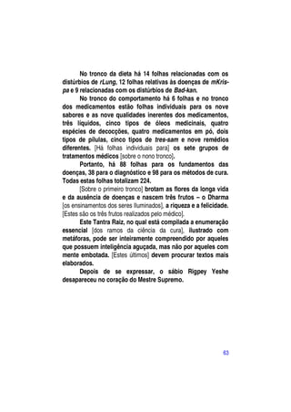 No tronco da dieta há 14 folhas relacionadas com os
distúrbios de rLung, 12 folhas relativas às doenças de mKris-
pa e 9 relacionadas com os distúrbios de Bad-kan.
       No tronco do comportamento há 6 folhas e no tronco
dos medicamentos estão folhas individuais para os nove
sabores e as nove qualidades inerentes dos medicamentos,
três líquidos, cinco tipos de óleos medicinais, quatro
espécies de decocções, quatro medicamentos em pó, dois
tipos de pílulas, cinco tipos de tres-sam e nove remédios
diferentes. [Há folhas individuais para] os sete grupos de
tratamentos médicos [sobre o nono tronco].
       Portanto, há 88 folhas para os fundamentos das
doenças, 38 para o diagnóstico e 98 para os métodos de cura.
Todas estas folhas totalizam 224.
       [Sobre o primeiro tronco] brotam as flores da longa vida
e da ausência de doenças e nascem três frutos – o Dharma
[os ensinamentos dos seres Iluminados], a riqueza e a felicidade.
[Estes são os três frutos realizados pelo médico].
       Este Tantra Raiz, no qual está compilada a enumeração
essencial [dos ramos da ciência da cura], ilustrado com
metáforas, pode ser inteiramente compreendido por aqueles
que possuem inteligência aguçada, mas não por aqueles com
mente embotada. [Estes últimos] devem procurar textos mais
elaborados.
       Depois de se expressar, o sábio Rigpey Yeshe
desapareceu no coração do Mestre Supremo.




                                                              63
 
