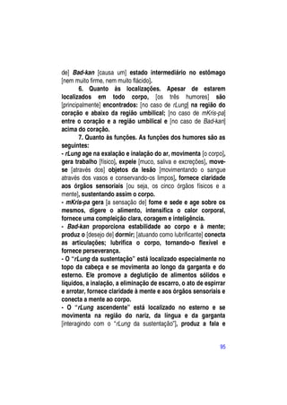 de] Bad-kan [causa um] estado intermediário no estômago
[nem muito firme, nem muito flácido].
        6. Quanto às localizações. Apesar de estarem
localizados em todo corpo, [os três humores] são
[principalmente] encontrados: [no caso de rLung] na região do
coração e abaixo da região umbilical; [no caso de mKris-pa]
entre o coração e a região umbilical e [no caso de Bad-kan]
acima do coração.
        7. Quanto às funções. As funções dos humores são as
seguintes:
- rLung age na exalação e inalação do ar, movimenta [o corpo],
gera trabalho [físico], expele [muco, saliva e excreções], move-
se [através dos] objetos da lesão [movimentando o sangue
através dos vasos e conservando-os limpos], fornece claridade
aos órgãos sensoriais [ou seja, os cinco órgãos físicos e a
mente], sustentando assim o corpo.
- mKris-pa gera [a sensação de] fome e sede e age sobre os
mesmos, digere o alimento, intensifica o calor corporal,
fornece uma compleição clara, coragem e inteligência.
- Bad-kan proporciona estabilidade ao corpo e à mente;
produz o [desejo de] dormir; [atuando como lubrificante] conecta
as articulações; lubrifica o corpo, tornando-o flexível e
fornece perseverança.
- O “rLung da sustentação” está localizado especialmente no
topo da cabeça e se movimenta ao longo da garganta e do
esterno. Ele promove a deglutição de alimentos sólidos e
líquidos, a inalação, a eliminação de escarro, o ato de espirrar
e arrotar, fornece claridade à mente e aos órgãos sensoriais e
conecta a mente ao corpo.
- O “rLung ascendente” está localizado no esterno e se
movimenta na região do nariz, da língua e da garganta
[interagindo com o “rLung da sustentação”], produz a fala e


                                                             95
 