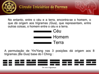 No entanto, entre o céu e a terra, encontra-se o homem, o
  que dá origem aos trigramas (Gua), que representam, entre
  outras coisas, o homem entre o céu e a terra.




A permutação de Yin/Yang nas 3 posições dá origem aos 8
trigramas (Ba Gua) base do I Ching :
 