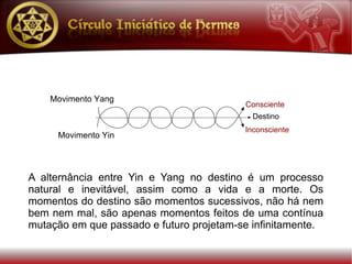 A alternância entre Yin e Yang no destino é um processo
natural e inevitável, assim como a vida e a morte. Os
momentos do destino são momentos sucessivos, não há nem
bem nem mal, são apenas momentos feitos de uma contínua
mutação em que passado e futuro projetam-se infinitamente.
 