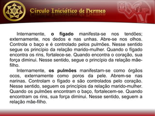 Internamente, o fígado manifesta-se nos tendões;
externamente, nos dedos e nas unhas. Abre-se nos olhos.
Controla o baço e é controlado pelos pulmões. Nesse sentido
segue os princípio da relação marido-mulher. Quando o fígado
encontra os rins, fortalece-se. Quando encontra o coração, sua
força diminui. Nesse sentido, segue o princípio da relação mãe-
filho.
    Internamente, os pulmões manifestam-se como órgãos
ocos, externamente como poros da pele. Abrem-se nas
narinas. Controlam o fígado e são controlados pelo coração.
Nesse sentido, seguem os princípios da relação marido-mulher.
Quando os pulmões encontram o baço, fortalecem-se. Quando
encontram os rins, sua força diminui. Nesse sentido, seguem a
relação mãe-filho.
 
