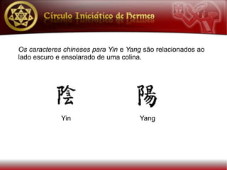 Os caracteres chineses para Yin e Yang são relacionados ao
lado escuro e ensolarado de uma colina.




             Yin                     Yang
 