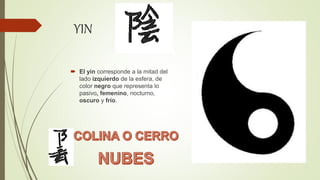 YIN
 El yin corresponde a la mitad del
lado izquierdo de la esfera, de
color negro que representa lo
pasivo, femenino, nocturno,
oscuro y frío.
 