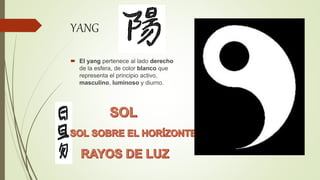 YANG
 El yang pertenece al lado derecho
de la esfera, de color blanco que
representa el principio activo,
masculino, luminoso y diurno.
 