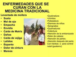 ENFERMEDADES QUE SE
CURAN CON LA
MEDICINA TRADICIONAL
Levantada de mollera
• Susto
• Mal de ojo
• Empacho
• Envidia
• Caída de Matriz
• Daños
• Caída de vejiga
• Latidos
• Espanto
• Dolor de cintura
• Mareos
•Quebradura
•Vómitos
•Falseadura
•Diarreas de niños
•Sangrados
•Quemaduras
•Calentura
•Atención de la embarazada
•Dolor de cabeza
•Atención de partos.
•Atención después del parto.
Con hierbas o para control
natal (gualamo)
 