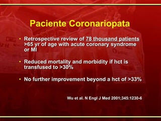 Paciente Coronariopata Retrospective review of  78 thousand patients  >65 yr of age with acute coronary syndrome or MI Reduced mortality and morbidity if hct is transfused to >30% No further improvement beyond a hct of >33% Wu et al. N Engl J Med 2001;345:1230-6 