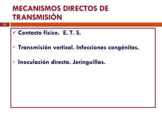 MECANISMOS DIRECTOS DE TRANSMISIÓN Contacto físico.  E. T. S. Transmisión vertical. Infecciones congénitas. Inoculación directa. Jeringuillas. 