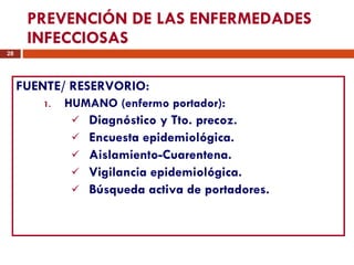 PREVENCIÓN DE LAS ENFERMEDADES INFECCIOSAS FUENTE/ RESERVORIO:  HUMANO (enfermo portador):  Diagnóstico y Tto. precoz. Encuesta epidemiológica. Aislamiento-Cuarentena. Vigilancia epidemiológica. Búsqueda activa de portadores. 