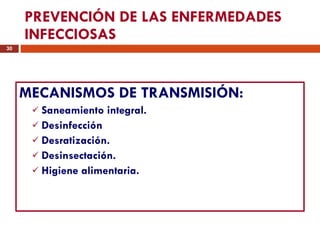 PREVENCIÓN DE LAS ENFERMEDADES INFECCIOSAS MECANISMOS DE TRANSMISIÓN:   Saneamiento integral. Desinfección Desratización. Desinsectación. Higiene alimentaria. 