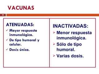 VACUNAS ATENUADAS: Mayor respuesta inmunológica. De tipo humoral y celular. Dosis única. INACTIVADAS: Menor respuesta inmunológica. Sólo de tipo humoral.  Varias dosis. 