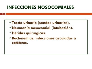 INFECCIONES NOSOCOMIALES Tracto urinario (sondas urinarias). Neumonía nosocomial (intubación). Heridas quirúrgicas. Bacteriemias, infecciones asociadas a catéteres. 