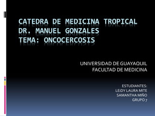 CATEDRA DE MEDICINA TROPICAL
DR. MANUEL GONZALES
TEMA: ONCOCERCOSIS
UNIVERSIDAD DE GUAYAQUIL
FACULTAD DE MEDICINA
ESTUDIANTES:
LEiDY LAURA MITE
SAMANTHA MIÑO
GRUPO 7
 