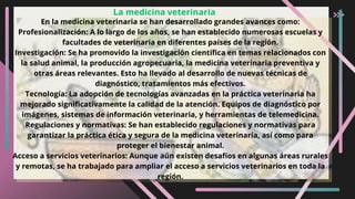 La medicina veterinaria
En la medicina veterinaria se han desarrollado grandes avances como:
Profesionalización: A lo largo de los años, se han establecido numerosas escuelas y
facultades de veterinaria en diferentes países de la región.
Investigación: Se ha promovido la investigación científica en temas relacionados con
la salud animal, la producción agropecuaria, la medicina veterinaria preventiva y
otras áreas relevantes. Esto ha llevado al desarrollo de nuevas técnicas de
diagnóstico, tratamientos más efectivos.
Tecnología: La adopción de tecnologías avanzadas en la práctica veterinaria ha
mejorado significativamente la calidad de la atención. Equipos de diagnóstico por
imágenes, sistemas de información veterinaria, y herramientas de telemedicina.
Regulaciones y normativas: Se han establecido regulaciones y normativas para
garantizar la práctica ética y segura de la medicina veterinaria, así como para
proteger el bienestar animal.
Acceso a servicios veterinarios: Aunque aún existen desafíos en algunas áreas rurales
y remotas, se ha trabajado para ampliar el acceso a servicios veterinarios en toda la
región.
 